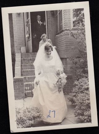 Antique Vintage Photograph Wedding Bride In Gown Leaving House With Mom & Dad