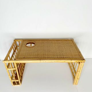 Vintage Bamboo Wicker Breakfast In Bed Tray Newspaper Book Holder Rattan Woven