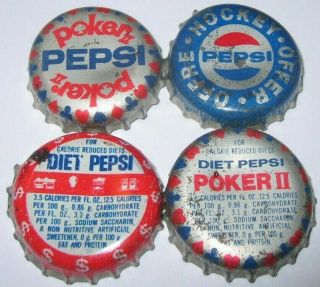 4 Pepsi Soda Bottle Game Caps; Canada; Vinyl - Lined,  Hockey,  Poker,  Diet