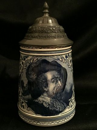 Royal Bonn Delft Cavalier Pewter Covered Pottery Stein 1890 - 1920 Germany
