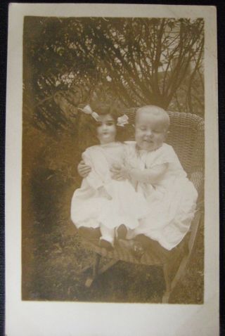 Rppc Little Girl Baby Doll In Wicker Rocking Chair Postcard Pm 1913 Minneapolis