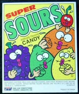 [ 1990s Leaf Sours Vintage Candy Machine Header Card - Fun Fruit Mascots ]