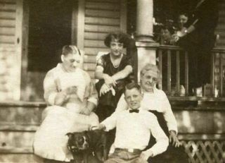 Family On Porch W Boston Terrier Dog Antique Photo Snapshot 1920 