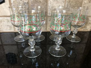 Set Of 6 Arbys Christmas Holly Berry Wine / Water Goblets