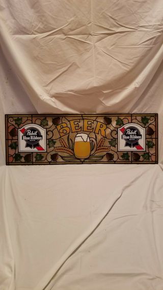 Vintage Pabst Blue Ribbon Beer Sign Faux Stained Glass Plastic Pbr 1983