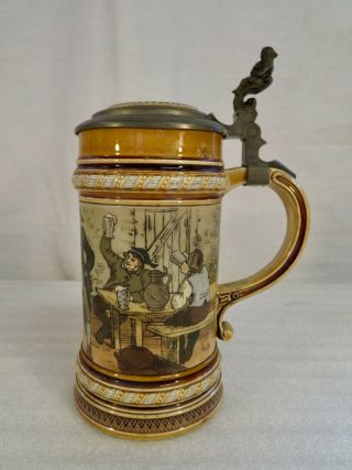 Mettlach Villeroy & Boch Etched German Inlaid Lidded Mug Beer Stein 1403