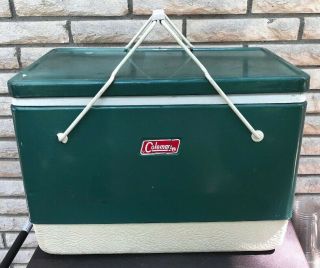 Coleman Steel Belted Metal Ice Chest Cooler With Picnic Basket Type Handles Vtg