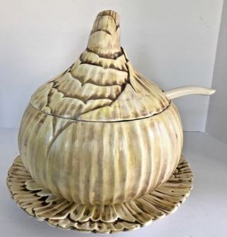 Vintage Ceramic Serving Tureen Shaped Like Realistic Onion - Bowl,  Cover Plate