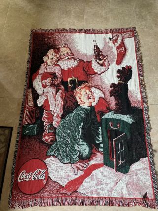 Vtg Coca Cola Santa Claus Blanket Norman Rockwell Christmas Afghan Woven Throw