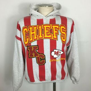 Vtg 90s Kansas City Chiefs Football Nfl Hoodie Sweatshirt Striped Cliff Engle