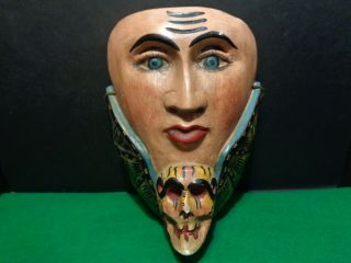 Vintage Mexican Folk Art Carved Wood Painted Girl Mask W Skeleton Head On Chin