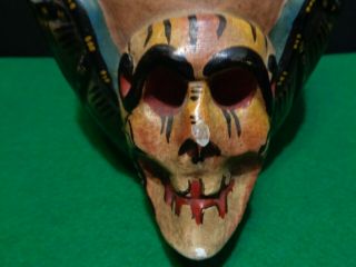 Vintage Mexican Folk Art Carved Wood Painted Girl Mask w Skeleton Head on Chin 3