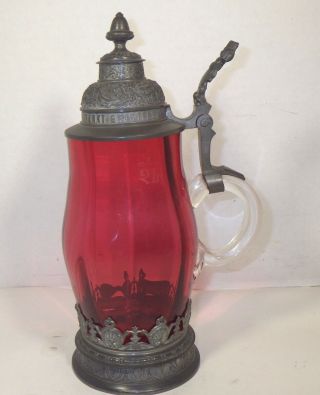 Antique Cranberry Glass Pewter Lidded Beer Stein 1/2l Made In Germany 1920s