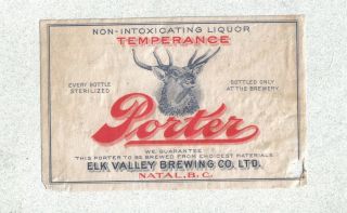 Beer Label - Canada - Elk Valley Temperance Porter,  Natal,  British Columbia