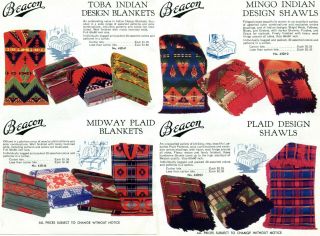 1940 8pg Print Ad Of Beacon Blankets & Shawls Mingo Toba Indian Rainbow Plaid