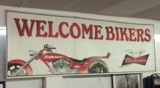 Vintage Budweiser Banner Welcome Bikers Anheuser Busch 35x106 Man Cave Bike Week