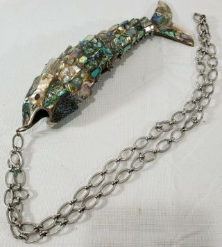 Vintage Abalone Shell Mother Of Pearl Articulated Fish Bottle Opener Silver