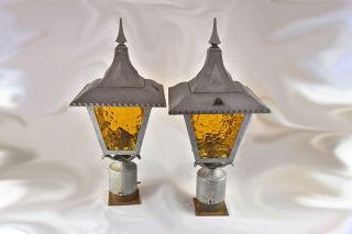 Vintage Industrial Gothic Outdoor Lamp Post Lights W/ Amber Shades