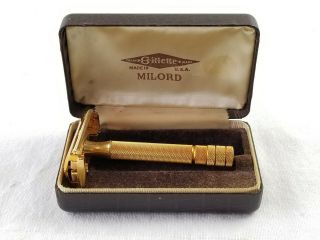Vintage Razor Gillette Milord Gold In Case Shaving
