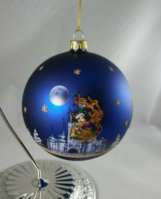 Disney Parks Mickey Santa Blue Glass Ball Ornament With Glitter Accents