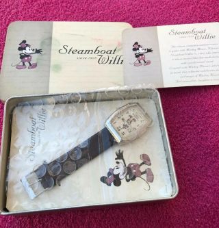 Disney Mickey Mouse Steamboat Willie Watch W/ Leather Band In Tin Box Never Worn