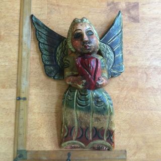 Vintage Mexican Folk Art Wooden Carved Winged Angel With Golden Hair