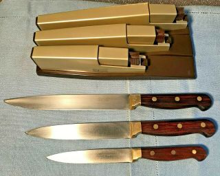 Vintage Set Of 3 Wilkinson Sword Knives Rosewood Hdles & Self Sharpening Holder