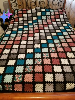 Vintage Handmade Crochet Granny Square Afghan Blanket Quilt Queen 103 " X 103 "