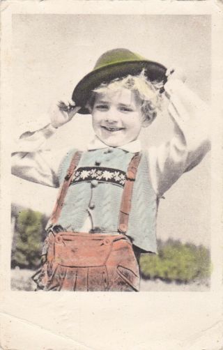 1950 Cute Little Boy In Folk Costume Hat Tinted Old German Antique Photo Card