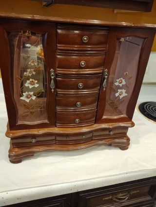 Vintage Wood Jewelry Box 6 Drawers 16 1/2 X 16 X 5 3/4 Inches