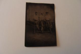 Vintage Tin Type Photo 3 Men Subject Is Unkown Sports ? Or Occupation ? 1800 