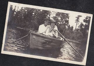 Antique Vintage Photograph Man & Woman W/ Oars Riding In Boat On Lake