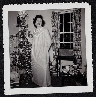 Vintage Antique Photograph Woman In Nightgown Standing By Christmas Tree