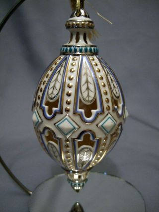 Lenox Brocade Egg Christmas Ornament Ivory Porcelain Blue & 24 kt Gold Trim IOB 2