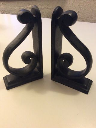 Vintage Pair Cast Black Wrought Iron Bookends Simple Scroll Heavy