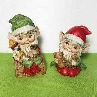 Vintage Homco Ceramic Christmas Elf Santas Elves Pair Figures Figurines
