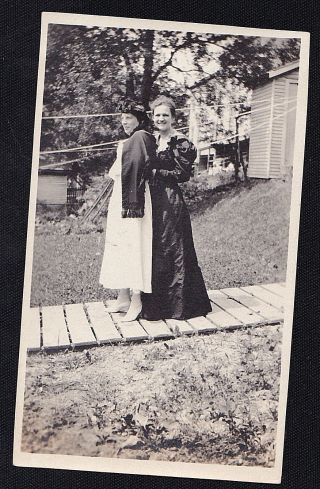 Old Vintage Antique Photograph Two Women Standing By Clothes Line In Yard