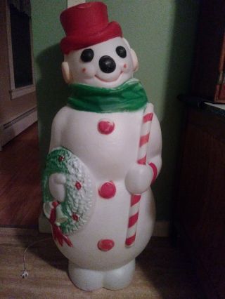 Vintage 46 " Blow Mold Empire Snowman With Wreath Lighted Outdoor Christmas Decor