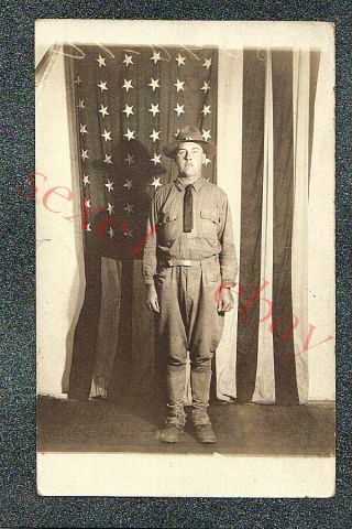 Patriotic Ww1 Soldier W Usa Flag - Circa 1918 Rppc Photo Grade 5