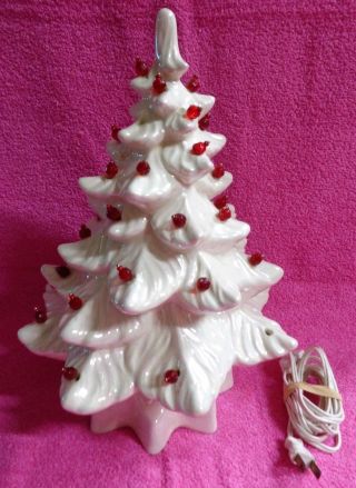 Vintage Ceramic White Christmas Tree With Base Red Pegs Light