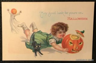 Stecher 1290 B Halloween Postcard Little Girl Jack O Lantern Ghost Black Cat