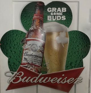 30 " Budweiser Grab Some Buds St Patricks Day Irish Shamrock Beer Tin Tacker Sign