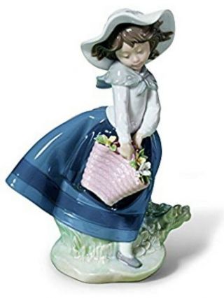 Lladro Glazed Girl With Flower Basket Porcelain Statue Figurine 5222
