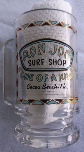 Ron Jon Surf Shop Clear Glass Mug " One Of A Kind " Cocoa Beach Teal Gold Black