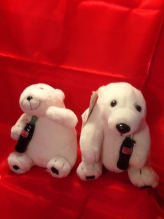 Coca Cola Polar Bear Plush Set Of 2 Each Holding A Bottle Of Coke