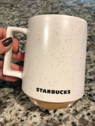 Starbucks White Speckled Handle Mug With Wooden Bottom Fast Ship