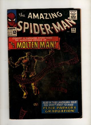 Spider - Man 28 First App Molten Man 3.  5 - 4.  0 Stan Lee Ditko Marvel 9/65