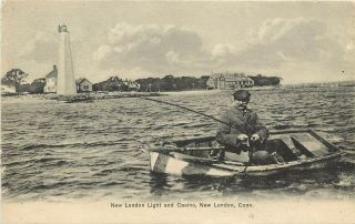 Undiv.  Back Postcard Man Fishing From Boat By London Ct Light House & Casino
