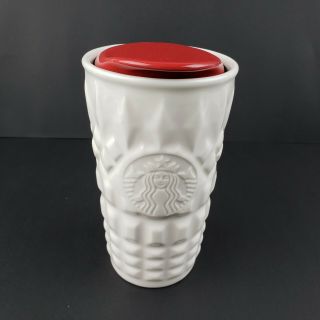 Starbucks 2014 White Ceramic Travel Tumbler Mug Cup Quilted With Red Lid 10 Oz