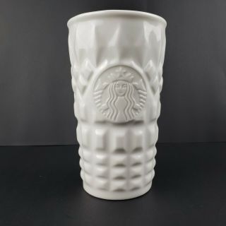 Starbucks 2014 White Ceramic Travel Tumbler Mug Cup Quilted With Red Lid 10 Oz 2